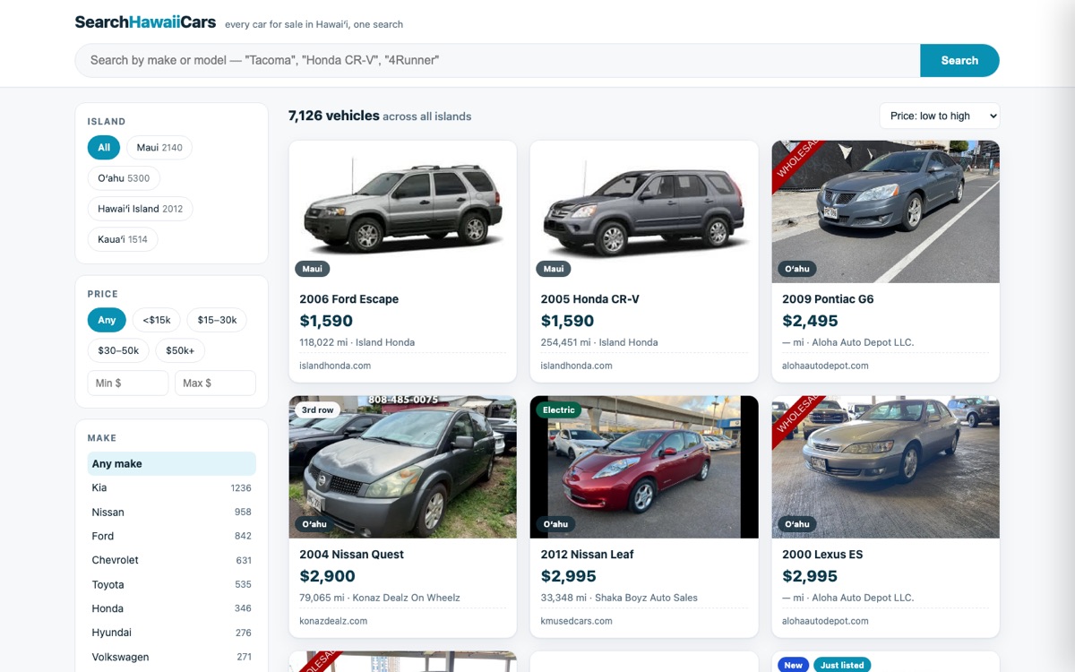 Screenshot of searchhawaiicars.com listings page