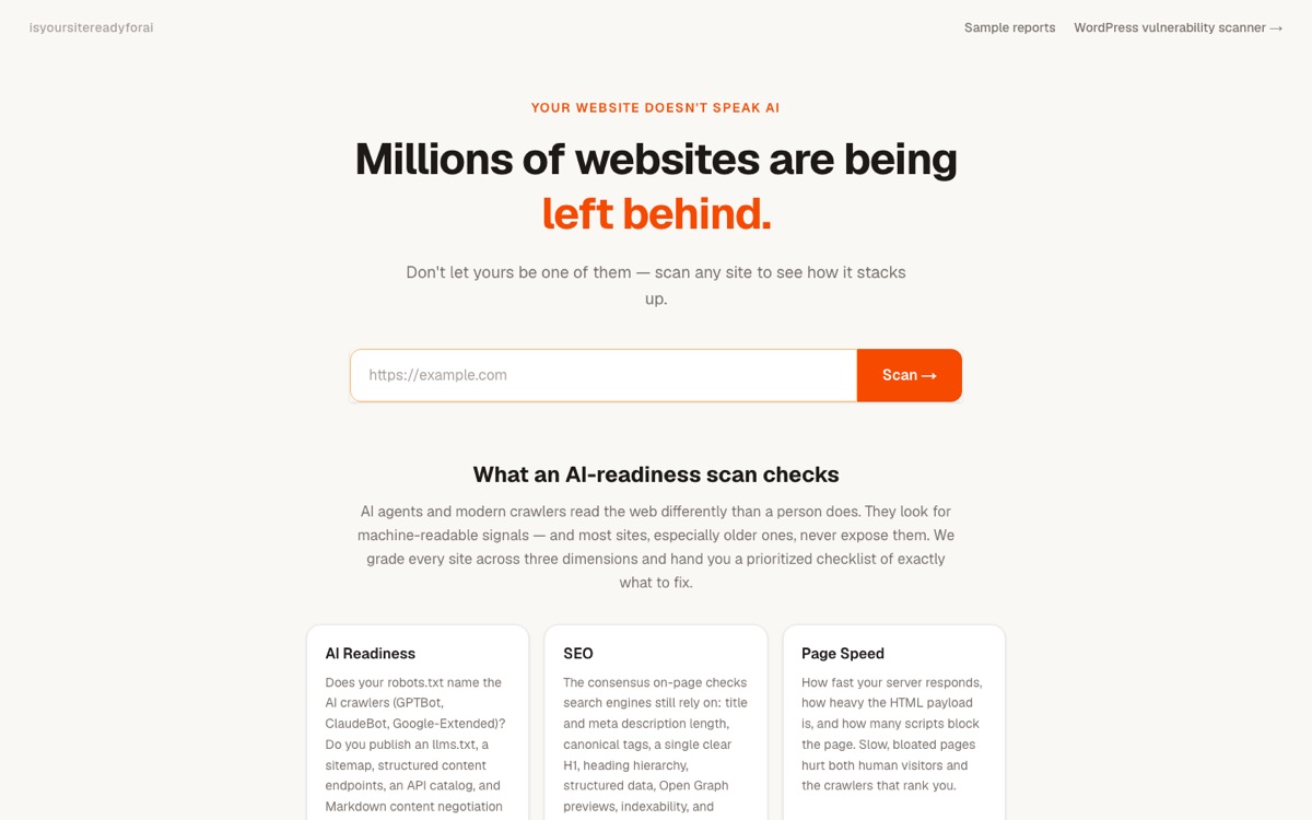 Screenshot of isyoursitereadyforai.com homepage